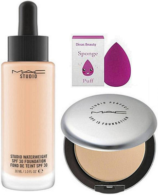 

divas beauty Sponge Puff With Mac Studio Waterweight SPF 30 Foundation,Studio Perfect Compact(Set of 3)