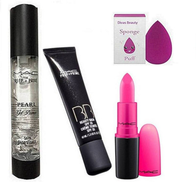 

divas beauty Sponge Puff With Mac Prep+Prime BB Beauty Balm SPF 35 & Pearl Gel Primer,Matte Finish Long Lasting Lipstick(Set of 4)