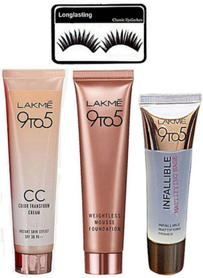 

Longlasting Eyelashes, Lakme 9 To 5 Infallible Primer, Mousse Foundation & C C Cream (Set of 4)(Set of 4)
