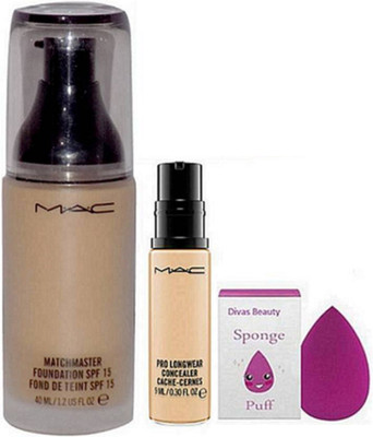 

divas beauty sponge puff & Mac Match master liquid foundation & mac pro longwear concealer(Set of 3)