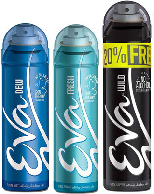 

EVA 20% FREE With WILD 125ml+25ml + DEW 125ml + FRESH 125ml, No Alcohal, Skin Friendly Pack Of 3 Deodorant Spray - For Women(400 ml, Pack of 3)