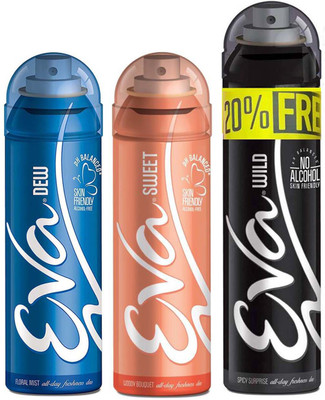 

EVA 20% FREE With WILD 125ml+25ml + DEW 125ml + SWEET 125ml, No Alcohal, Skin Friendly Pack Of 3 Deodorant Spray - For Women(400 ml, Pack of 3)