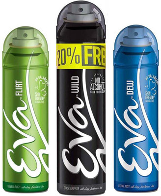 

EVA 20% FREE With WILD 125ml+25ml + DEW 125ml + FLIRT 125ml, No Alcohal, Skin Friendly Pack Of 3 Deodorant Spray - For Women(400 ml, Pack of 3)