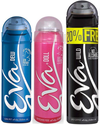 

EVA 20% FREE With WILD 125ml+25ml + DEW 125ml + DOLL 125ml, No Alcohal, Skin Friendly Deodorant Spray, For Women Pack Of 3 Deodorant Spray - For Women(400 ml, Pack of 3)