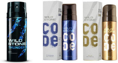 

Wild Stone Code Titanium,Gold,Thunder Deodorant Spray - For Men(390 ml, Pack of 3)