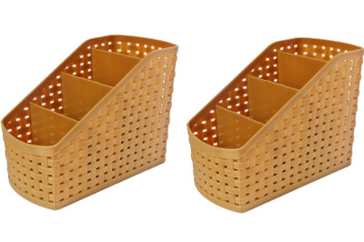 CSM 4 Compartments Plastic Pen Stand(Brown)
