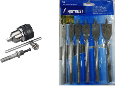Inditools Flat wood bit and chuck set 13 mm-1/2 unf new pack of 2 with flat bit wood drill set size 10,12,16,18,20,25