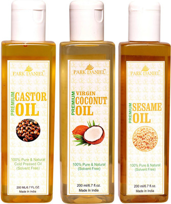

Park Daniel Cold Pressed Castor oil, Virgin Coconut oil and Sesame oil Combo pack of 3 bottle of 200 ml(600 ml) Hair Oil(600 ml)