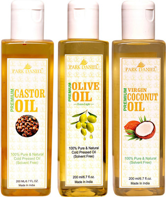

Park Daniel Cold Pressed Castor oil, Extra light Olive oil and Virgin Coconut oil Combo pack of 3 bottle of 200 ml(600 ml) Hair Oil(600 ml)
