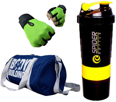 Snipper Combo of Bodybuilding Blue Bag , Gloves Green And Spider Shaker Yellow Gym & Fitness Kit