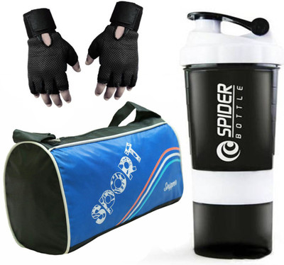 

Snipper Combo of Sports Bag Blue , Gloves Black And White Spider shaker Gym & Fitness Kit