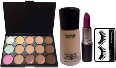 

divas beauty Eyelashes& Mac Concealer Palette 15 Shade, Mineralize Foundation and Matte Finish Lipstick(Set of 4)