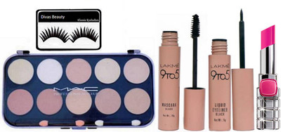 

divas beauty Eyelashes& mac 10 shades concealer palette,9 to 5 eyeliner & mascara ,L'Oreal Paris Shine Color Riche Lipstick(Set of 5)