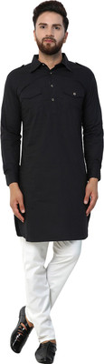 Purple State Men Solid Pathani Kurta(Black)