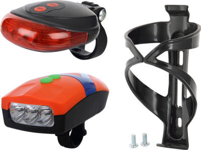

Dark Horse Bicycle LED 3 Mode Front Light & Horn, 2 Laser Beam Tail Light & Black Bottle Cage LED Front Rear Light Combo(Black)