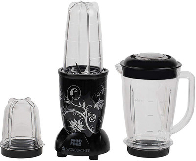

Wonderchef Present Nutri blend Black Comes with 3 interchangeable jars (Big Mixing Jar-750ml, Long Jar-500ml & Short Jar- 300ml) • and 2 separate blades (Grinding Blade & Blending Blade) 400 W Juicer Mixer Grinder(Black, 3 Jars)