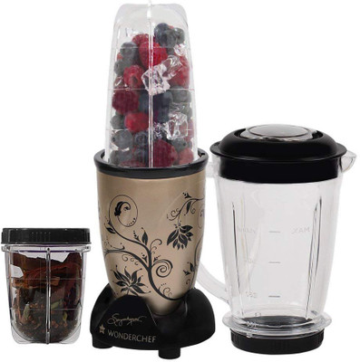 

Wonderchef Present Nutri blend Gold Comes with 3 interchangeable jars (Big Mixing Jar-750ml, Long Jar-500ml & Short Jar- 300ml) • and 2 separate blades (Grinding Blade & Blending Blade) 400 W Juicer Mixer Grinder(Gold, 3 Jars)