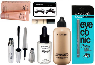 

Longlasting Eyelashes, Mac Face and Body Foundation, Pro longwear Concealer, Prep+prime Highlighter, Brook Candy Eyeliner & Mascara 9to5 Mousse Foundation, Eyeconic Kajal(Set of 8)
