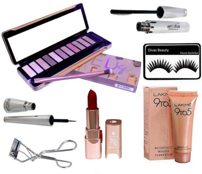 

divas beauty Eyelashes, Naked 4 Eyeshadow Palette, Mousse Foundation, Red Lipstick, Eyeliner & Mascara, Eyelashes Curler(Set of 7)