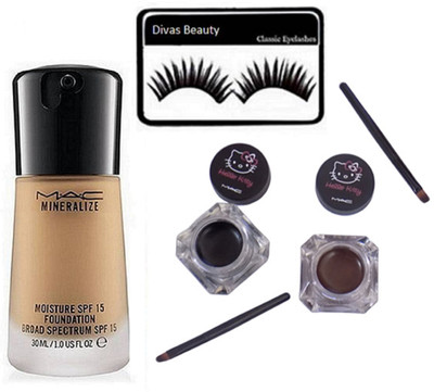 

divas beauty Eyelashes With Mac Mineralize Foundation & Hello Kitty Gel Eyeliner Black And Brown 2 Color(Set of 3)