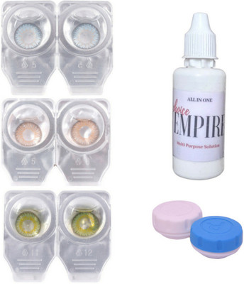 

Choice Empire 3 Pair Zero Power Monthly Contact Lens With Solution & Case - Blue - Brown - Green Color Lens Monthly Contact Lens(0 Power, Blue, Brown, Green, Pack of 3)