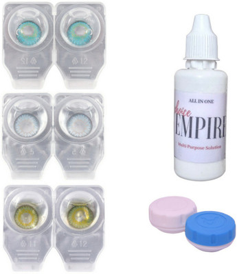 

Choice Empire 3 Pair Zero Power Monthly Contact Lens With Solution & Case - Aqua - Blue - Green Color Lens Monthly Contact Lens(0 Power, Aqua, Blue, Green, Pack of 3)