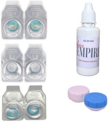 

Choice Empire 3 Pair Zero Power Monthly Contact Lens With Solution & Case - Aqua - Blue - True Sphayer Color Lens Monthly Contact Lens(0 Power, Aqua, Blue, True sphayer, Pack of 3)