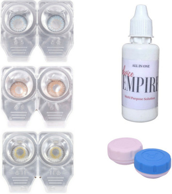 

Choice Empire 3 Pair Zero Power Monthly Contact Lens With Solution & Case - Blue - Brown - Dark Grey Color Lens Monthly Contact Lens(0 Power, Blue, Brown, Grey, Pack of 3)