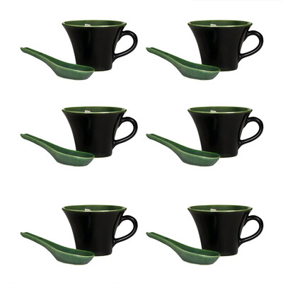 

caffeine Soup Mug with Spoon Ceramic/Stoneware in Black & Green (Set of 6) Handmade By Caffeine Ceramic(Green, Black, Pack of 6)