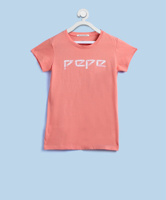 

Pepe Jeans Girls Printed Cotton T Shirt(Orange, Pack of 1, Peach