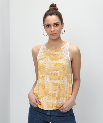 AND Casual Sleeveless Self Design Women Yellow Top AND Casual Sleeveless Self Design Women Yellow Top