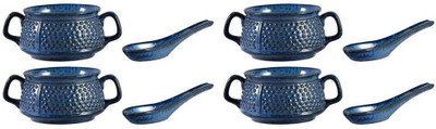 

caffeine Double Handled Soup Bowl with Four Spoon FreeCeramic/Stoneware in Blue Bubble Handmade by Caffeine-Set of 4 Ceramic Bowl Set(Blue, Pack of 4)