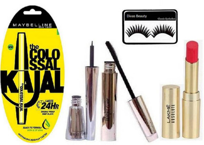 

divas beauty Eyelashes, New York Colossal Deep Black Kajal & Brook Candy Liquid Eyeliner & Mascara, Matte Finish Absolute Lipstick(Set of 5)