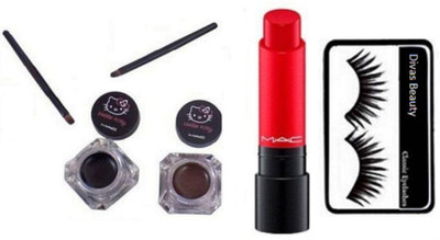 

divas beauty Eyelashes With Mac Hello Kitty Gel Eyeliner 2 Shades Black And Brown,Liptensity Lipstick(Set of 3)