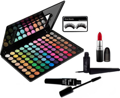 

divas beauty Eyelashes, Mac 88 Shade Eyeshadow Palette, Eyeliner & Mascara,Matte Finish Lipstick(Set of 5)