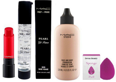 

divas beauty Sponge Puff With Mac Face And Body Foundation,Prep+Prim Pearl Gel Primer,Liptensity Lipstick(Set of 4)