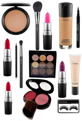 

divas beauty Eyelashes With Mac Matchmaster Foundation,2 Shade Blusher With 9 shades Eyeshadow Palette,Pen Eyeliner &2makeup Brush & Matte Finish Long Lasting Lipsticks 4 shades & Studio Fix Compact,Pencil Kajal(Set of 14)