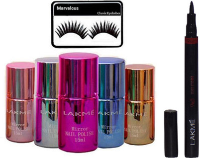 

Marvalous eyelashes , lakme mirror nail polish (set of 5) with pen eyeliner(Set of 7)