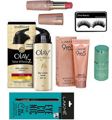

divas beauty Eyelashes With 9to5 Mousse Foundation,Eyeconic Kajal & nail polish With matte Finish long lasting lipstick & Olay anti-Ageing Cream(Set of 6)