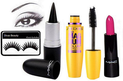 

divas beauty Eyelashes&Mac Stick Kajal, Matte Finish Lipstick , New York the mag num waterproof mascara(Set of 4)