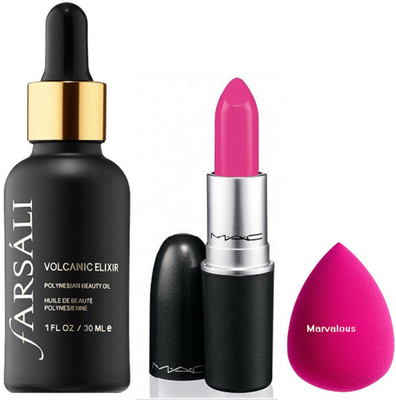 

Marvalous sponge puff , Farsali Volcanic Elixir Polynesian Beauty Oil Face with mac long lasting matte finish pink lipstick(Set of 3)