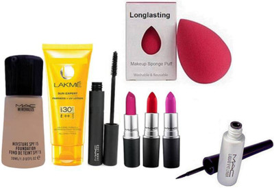 

Longlasting Sponge Puff, Mac matte lipstick 3 piece & Mineralize moisture SPf 15 foundation 30ml & mac zoom last mascara & liquidlast eyeliner, Lakme sun expert spf 30 UV lotion(Set of 8)