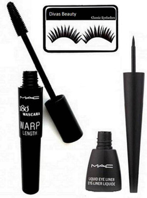 

divas beauty Eyelashes, Mac Liquid Waterproof Longlasting Eyeliner & 180 Wrap Length Mascara(Set of 3)