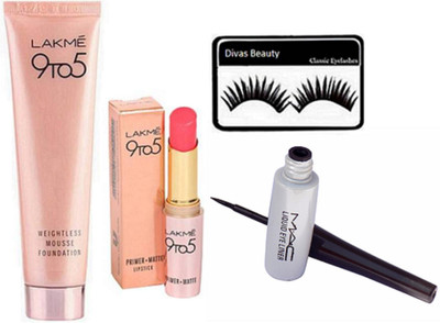 

divas beauty Eyelashes & 9 to 5 Weightless Mousse Foundation& 9 to 5 Matte Lipstick & mac liquid last eyeliner(Set of 4)