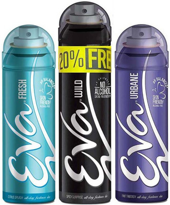 

EVA 20% FREE With WILD 125ml+25ml + FRESH 125ml + URBANE 125ml, No Alcohal, Skin Friendly Pack Of 3 Deodorant Spray - For Women(400 ml, Pack of 3)