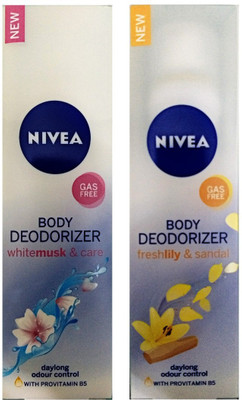 

Nivea BODY DEODORIZER Freshlily & sandal+BODY DEODORIZER Whitemusk & care 120ml Each (Pack of 2) Deodorant Spray - For Women(240 ml, Pack of 2)
