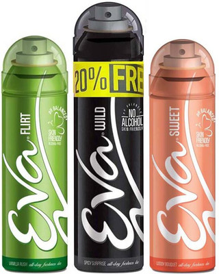 

EVA 20% FREE With WILD 125ml+25ml + FLIRT 125ml + SWEET 125ml, No Alcohal, Skin Friendly Pack Of 3 Deodorant Spray - For Women(400 ml, Pack of 3)