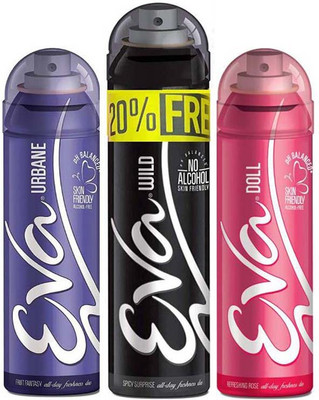 

EVA 20% FREE With WILD 125ml+25ml + DOLL 125ml + URBANE 125ml, No Alcohal, Skin Friendly Pack Of 3 Deodorant Spray - For Women(400 ml, Pack of 3)