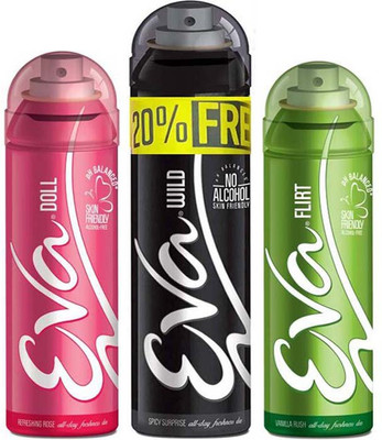 

EVA 20% FREE With WILD 125ml+25ml + DOLL 125ml + FLIRT 125ml, No Alcohal, Skin Friendly Pack Of 3 Deodorant Spray - For Women(400 ml, Pack of 3)