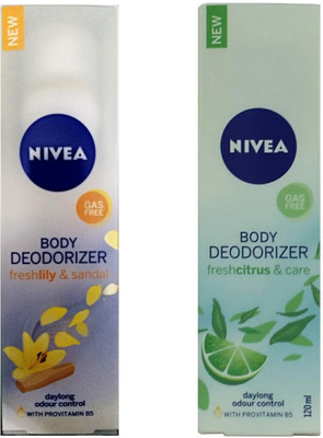 

Nivea Body Deodorizer freshlily & sandal+Body Deodorizer freshcitrus & care. -120ml+120ml (pack of 2) Deodorant Spray - For Women(240 ml, Pack of 2)